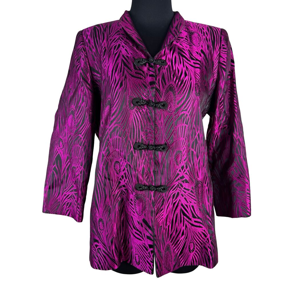 Vintage 90s Fuchsia Peacock Brocade Jacket Frog Closure Tunic Evening Blazer